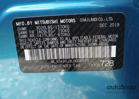 2020 Mitsubishi Mirage Es z USA, uszkodzony, nr VIN ML32A3HJ3LH004573